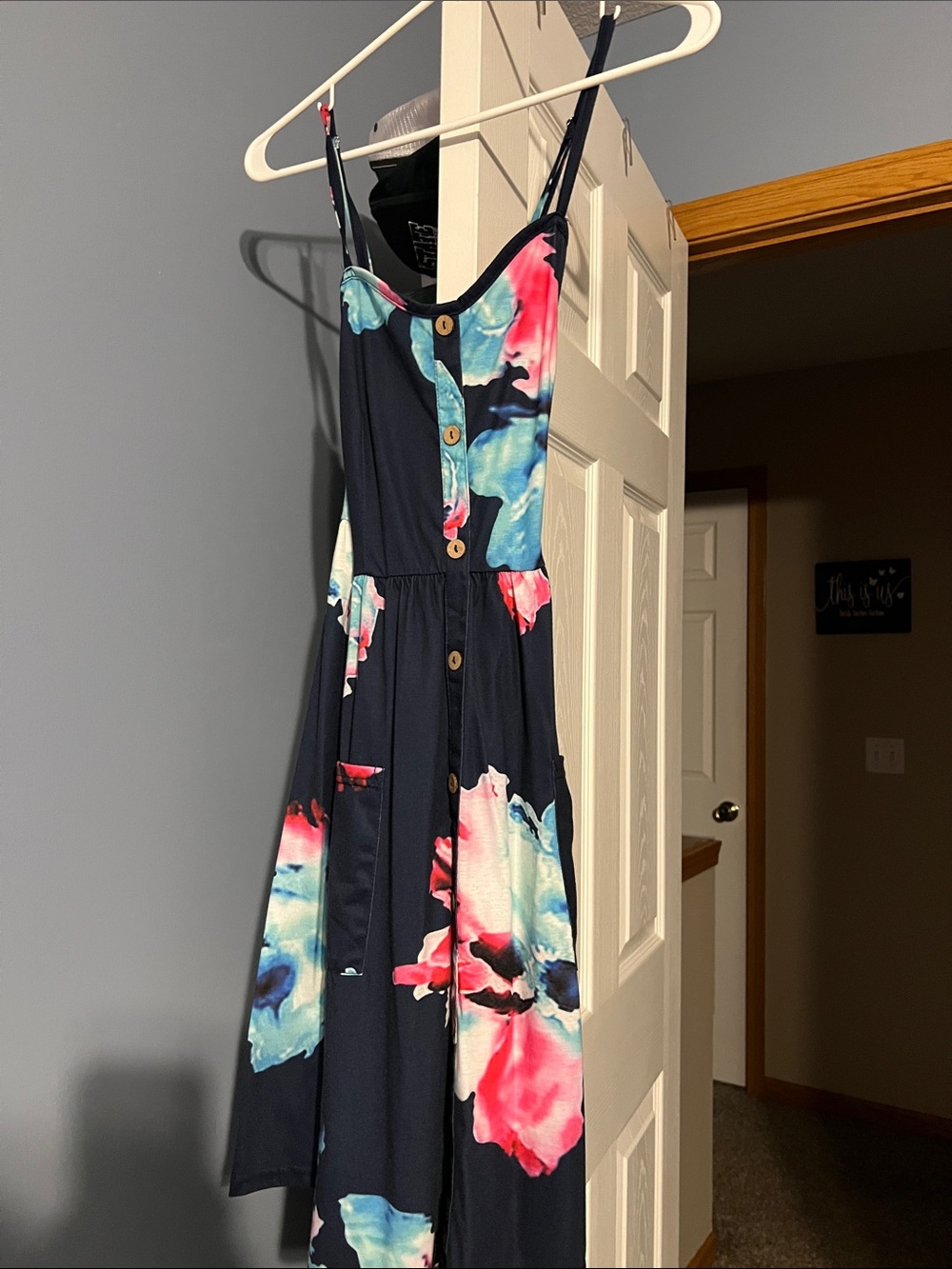 Navy Floral Button-Front Spaghetti Strap Dress